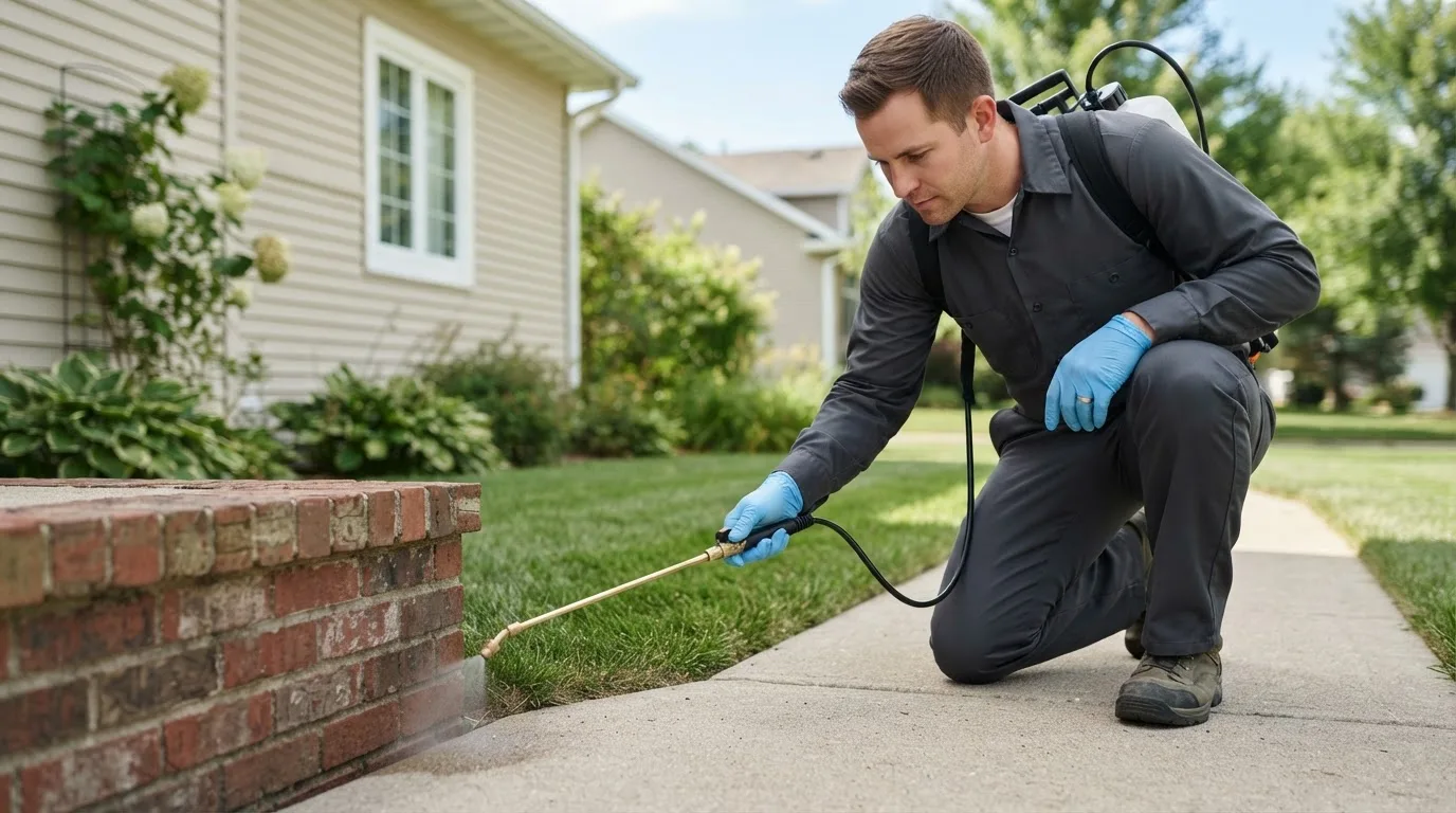 Pest control technician treating a home near Clifton, TX